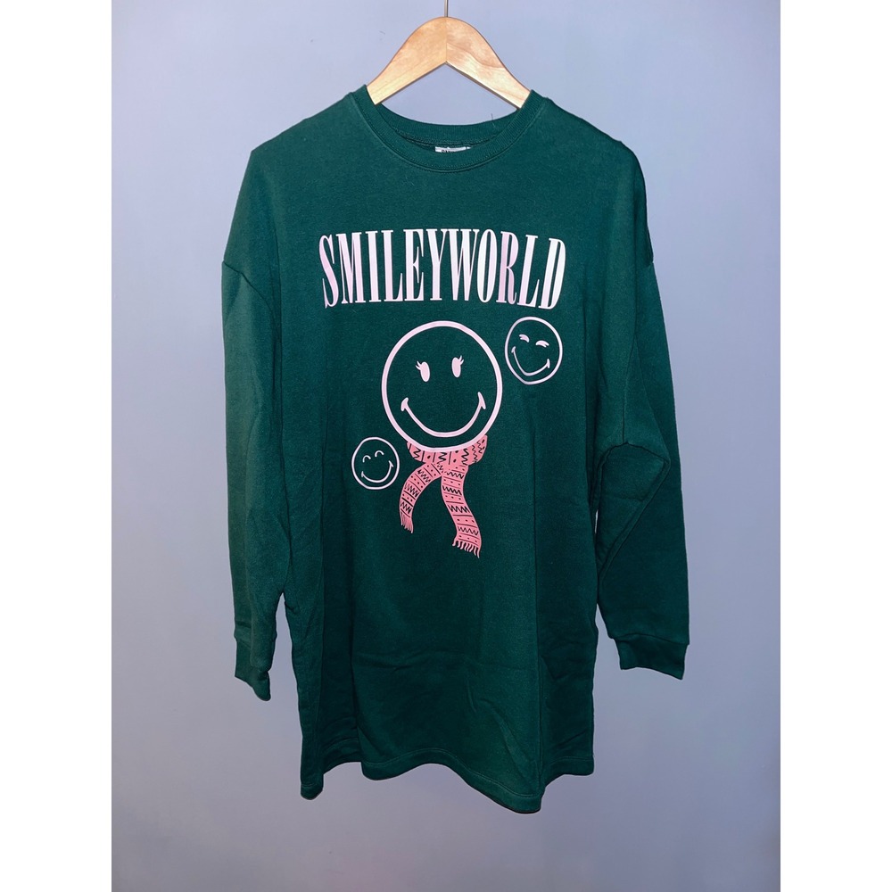 Smiley World Graphic Sweatshirt Dress Green Long Sleeve‎ Casual Trendy